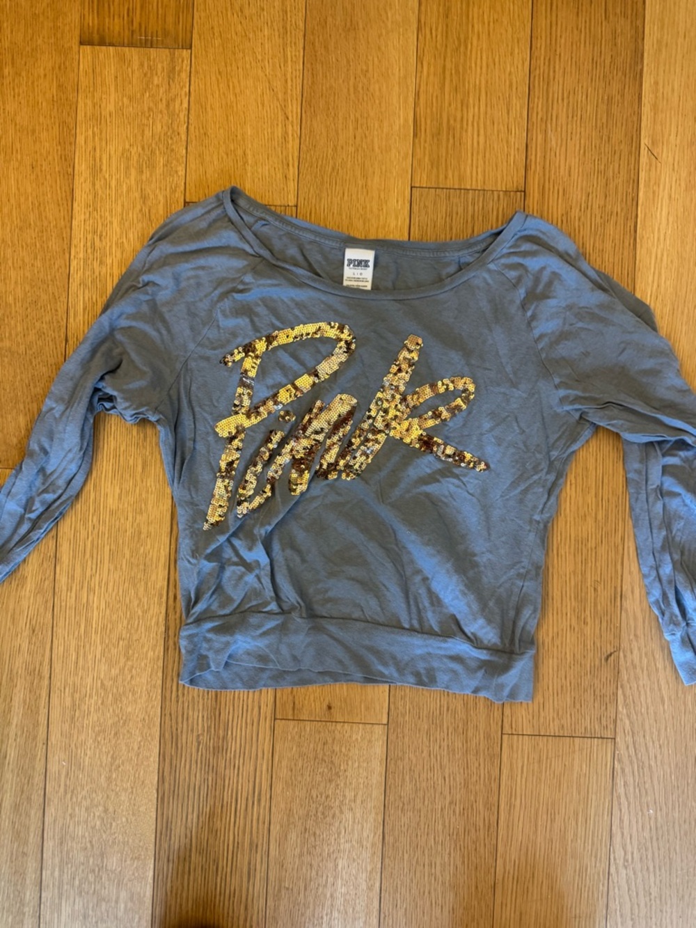 PINK Victoria's Secret Blue Long-Sleeve Sweatshirt with Gold Sequin Logo